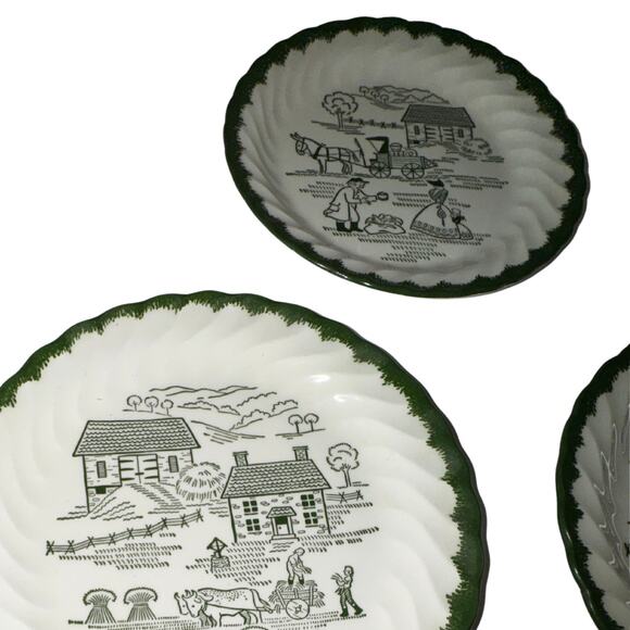 oyal China Underglaze Green Farm Scene Plates – Set of 4 – Vintage Cottagecore - Picture 9 of 10